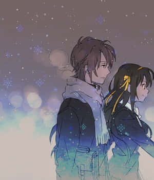 兩個動漫角色一起站在飄落的雪中，身後有發光的燈光。 — 場地圭介 壁紙
