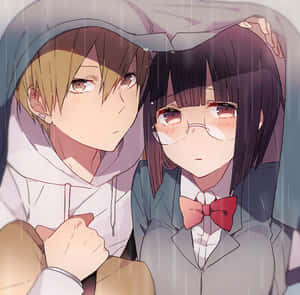 兩個動漫青少年在雨中擠在帽子下，臉頰泛紅，戴著眼鏡。 — 靚靚動畫 壁紙