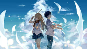 兩個動漫角色站在充滿雲朵和紙船的夢幻天空中。 — 可愛情侶 GIF 壁紙