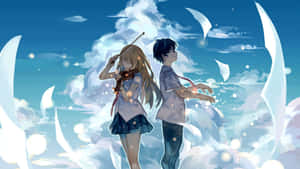 兩個動漫角色在充滿魔法雲層的天空中，帶有發光效果。 — 動漫打鬥 壁紙