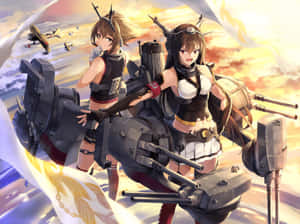 兩個穿著戰艦服裝的動漫女孩在日落戰鬥場景中與海軍炮合影。