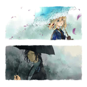 兩個動畫女孩在雨天撐傘，花瓣飄落。 — iPad 第10代 壁紙