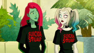 兩個穿著Suicide Squad襯衫的動漫角色站在盆栽植物中。 — 哈莉·奎茵 壁紙