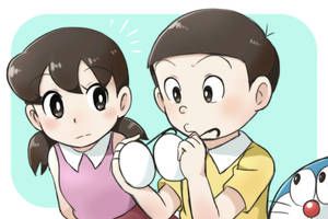 兩個動畫小孩拿著白色雞蛋，表情驚訝。 — 止水 壁紙
