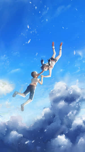 兩個小孩手牽手，穿過有雲和花瓣的藍天向上飄浮。 — 天空美學 壁紙