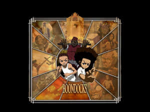 《The Boondocks》動畫海報，兩個主要角色被其他角色的拼貼畫環繞。 — 鄉下地方 壁紙