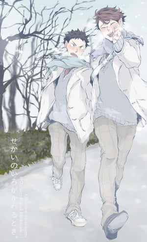 兩個動畫男孩在雪地裡行走，一個在笑，另一個在惱火 — 排球少年 GIF 壁紙