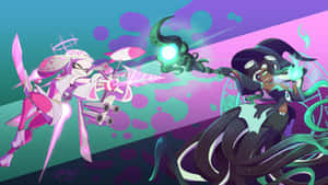 兩個動漫角色使用發光武器和魔法效果進行戰鬥。 — Splatoon GIF 壁紙