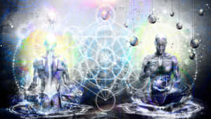 兩個發光人形被漂浮的行星和神聖幾何包圍著冥想。 — 太空美學 GIF 壁紙