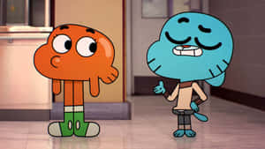 兩個動畫卡通角色站在學校走廊裡。 — Gumball 壁紙