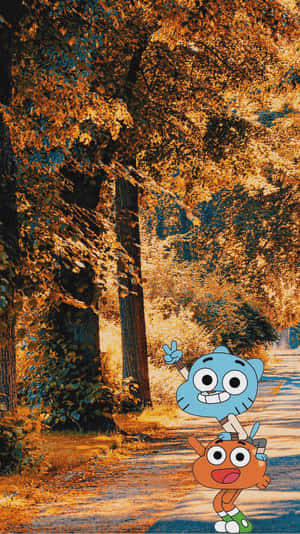 兩個動畫角色在金色樹木下鋪滿落葉的秋日小徑上。 — Gumball 壁紙