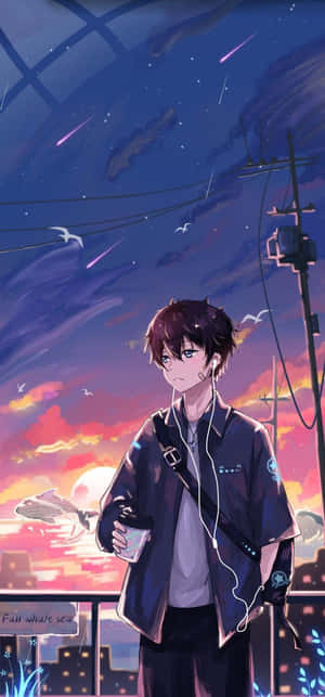 動漫男孩在屋頂上，在日落流星雨下拿著咖啡。 — 動漫男孩 壁紙