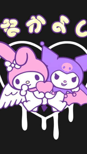 My Melody 和 Kuromi 在黑色背景上拿著一個粉紅色的心，有滴落的油漆。 — 音樂美學 壁紙