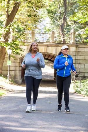兩個女人喺公園嘅鋪砌小徑上慢跑，背景係一座石橋。 — 跑步 壁紙