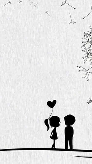 兩個小孩的剪影拿著心形氣球，看著蒲公英種子飄走。 — 情侶 GIF 壁紙