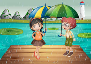 兩個孩子帶著雨傘在湖邊碼頭雨中跳舞。 — 雨天 壁紙