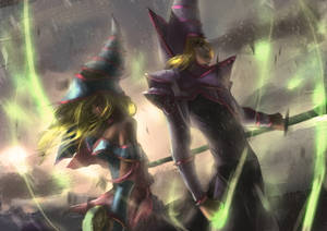 兩個動漫女巫在暴風雨中施展綠色魔法。 — 暗黑動漫 壁紙