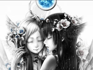 兩個戴著花冠和翅膀的動漫女孩，在發光的月亮下擁抱。 — 動漫女孩 壁紙