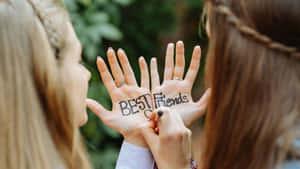 兩個女人在戶外在彼此的手掌上寫上「BEST Friends」。 — 慶祝 壁紙