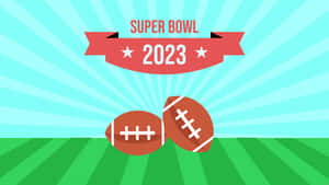 兩個美式足球在場地上，上方有 Super Bowl 2023 的太陽光芒橫幅。 — 7680x4320 壁紙