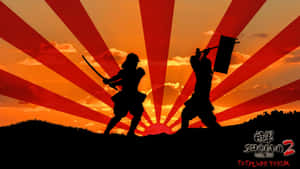 兩個武士剪影在日落時分戰鬥，背景是紅色太陽爆發。 — 武士 壁紙