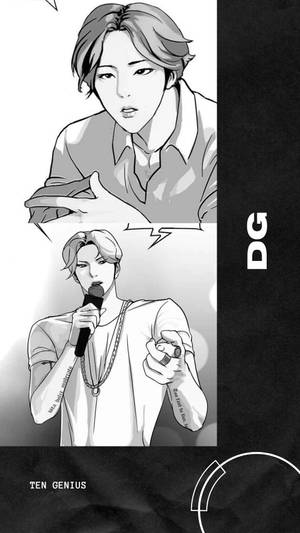 兩個動漫男性，一個做手勢，另一個拿著麥克風，線條粗獷，帶有文字。 — 成振宇 壁紙