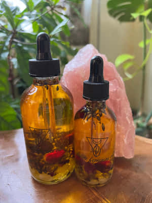 兩個帶滴管的草藥油玻璃瓶，旁邊有粉紅色水晶和綠色植物在木頭上。 — iPad Air 13 壁紙