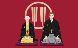 兩個穿著傳統日本服飾的動漫人物坐在坐墊上，身後有一個圓形標誌。 — 角落生物 壁紙