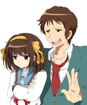 動漫男孩在穿著校服、交叉雙臂的女孩旁邊開心地揮手。 — Apple Watch Ultra 壁紙