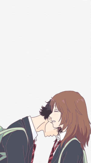 兩個穿著校服的動漫青少年在白色背景前輕輕接吻。 — 可愛情侶 GIF 壁紙