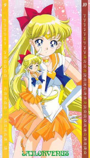 Sailor Venus 和她年輕時的自己，穿著水手服、戴紅色蝴蝶結，站在閃閃發光的粉紅色日曆背景前。 — 美少女戰士 壁紙