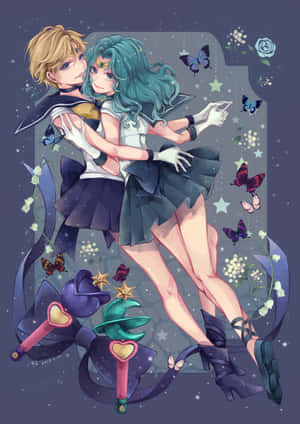 穿著水手服的動漫情侶被蝴蝶和星星包圍。 — 美少女戰士 壁紙