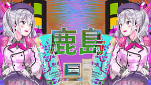 兩個穿著粉紅色制服嘅動畫廚師企喺一部螢幕上有茶廣告嘅復古電腦旁邊。 — 粉紅動漫美學 壁紙