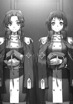 兩個穿著盔甲、手持頭盔的動漫女孩，以灰階並肩站立。 — iPhone Duo 壁紙
