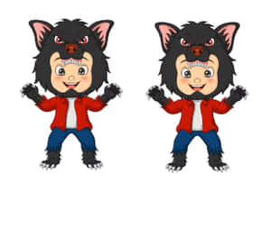 兩個穿著紅色外套和藍色褲子的相同卡通狼小孩微笑著。 — 狼人 GIF 壁紙