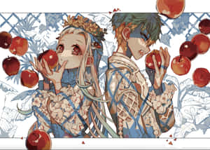 兩個穿著花卉服裝的動漫角色拿著紅蘋果。 — 廁所裡的花子 壁紙