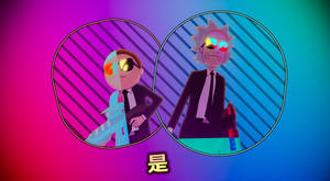 兩個穿著西裝和太陽眼鏡的卡通角色在圓形框架內，背景是色彩繽紛的漸變色。 — 卡通網絡角色 壁紙