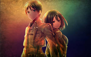 兩個穿著制服的動漫士兵在溫暖的背光下緊密站立。 — 進擊的巨人 壁紙