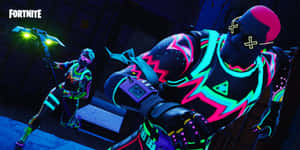 兩個穿著發光霓虹裝備的Fortnite角色在黑暗的工業區域。 — Fortnite 造型 壁紙