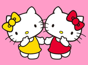 兩個Hello Kitty角色牽手，穿著黃色和紅色連衣裙。 — 白色美學gif 壁紙