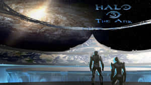 兩個裝甲人物從太空站望向地球，上方有Halo 3標誌。 — 最後一戰：瑞曲之戰 壁紙