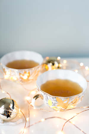 兩個裝飾茶杯盛茶，周圍環繞著仙女燈和一個叮噹鈴。 — 冬日美學 壁紙