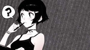 穿著黑色連衣裙的動畫女孩將筆放在唇邊，帶有問號對話氣泡。