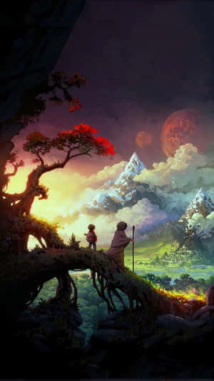 兩個旅人在根橋上欣賞暮色天空下的山脈，天空中有兩個月亮。 — 森林 壁紙