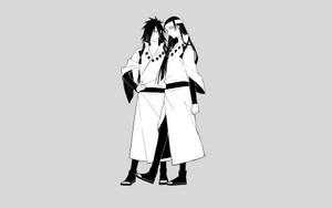 兩個身穿白色長袍的動漫角色，以黑白線條藝術緊貼站立。 — 黑白 壁紙