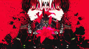 兩個身穿黑色盔甲的動漫戰士，帶有粉紅色百合花，站在紅色飛濺背景前。 — 東京喰種角色 壁紙