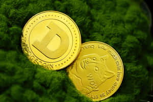 綠色苔蘚上的兩個金色 Dogecoin 代幣 — 鹿丸 壁紙