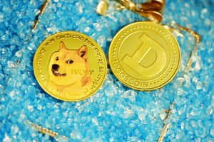 藍色礫石上的兩個金色 Dogecoin 代幣和金鏈。 — MacBook Pro M2 壁紙