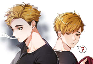 兩個動漫男孩背對背，一個冷笑，一個帶著問號困惑。 — 古勒比加 壁紙
