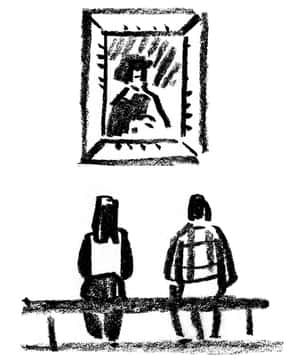 兩個人坐在長椅上，看著上方一幅裱框肖像。 — Pixel Fold 壁紙